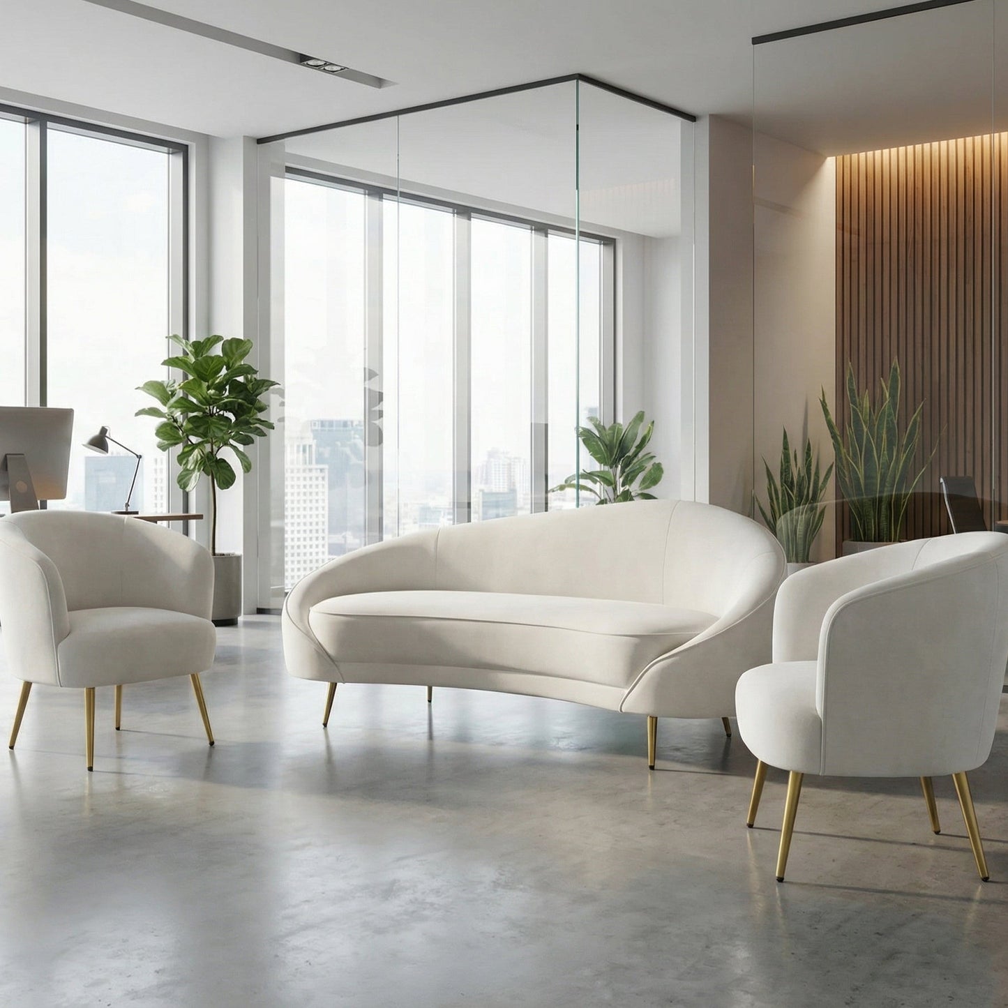 White Curved Contemporary Sofa Set 3 Seater And 2 Single Seat Side Chairs