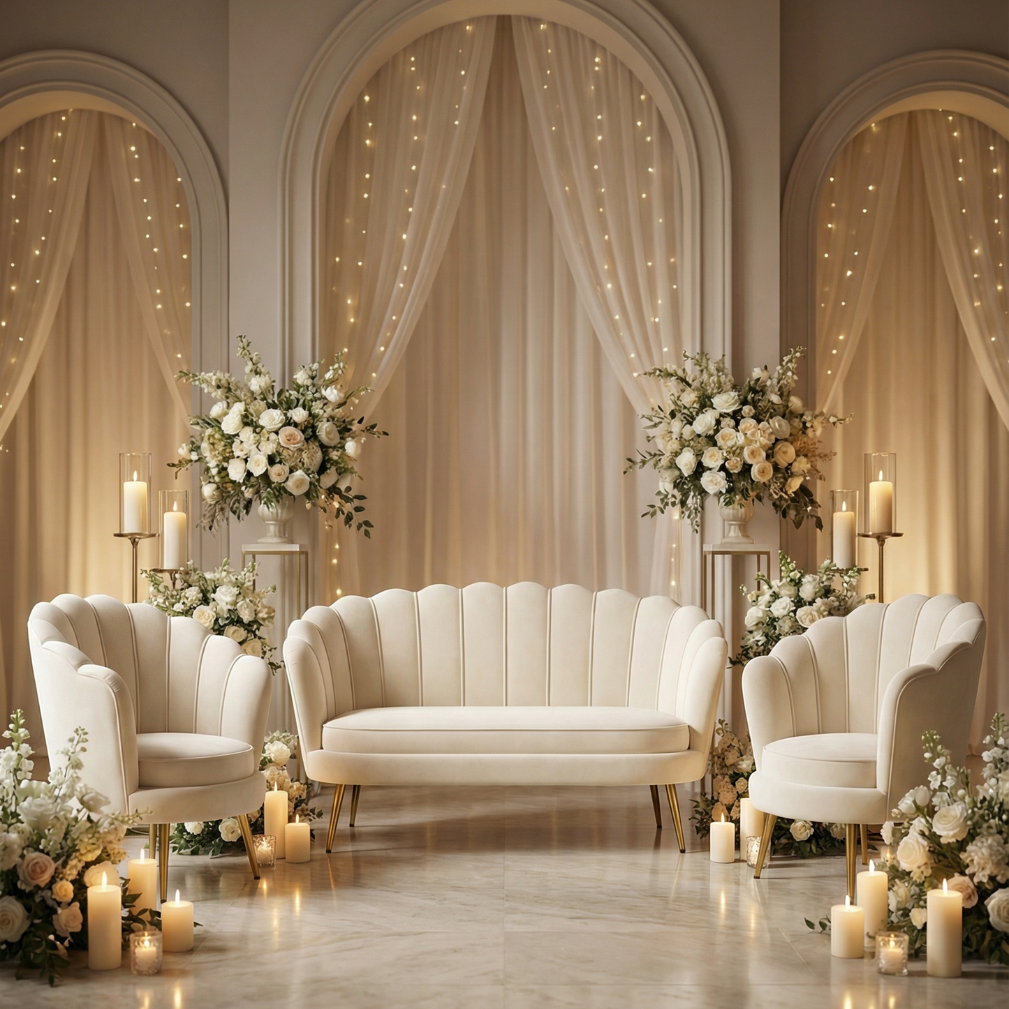 Cream Shell Contemporary Sofa Set 2 Seater And 2 Single Seat Side Chairs