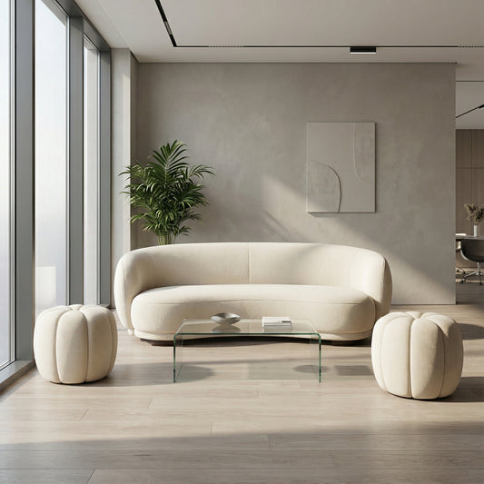 White Arched Contemporary Sofa Set 3 Seater And 2 Single Seat Side Stools